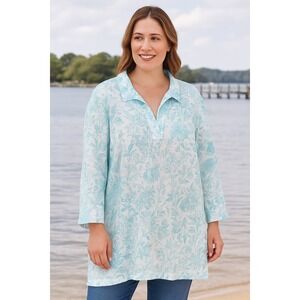 Sigrid Olsen Linen Tunic Top 3X Aqua Blue Floral Button Side Beach Resort Cruise